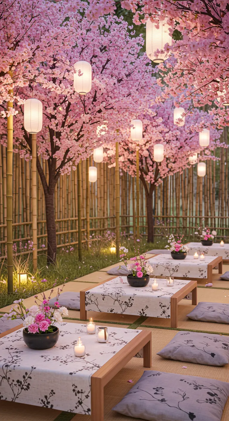 Ambiance japonaise de nuit sous les cerisiers en fleurs avec lampions blancs, tables basses et coussins.