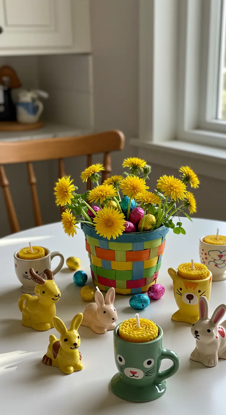 Panier multicolore de pissenlits, œufs en chocolat, figurines de lapins et bougies en tasses.