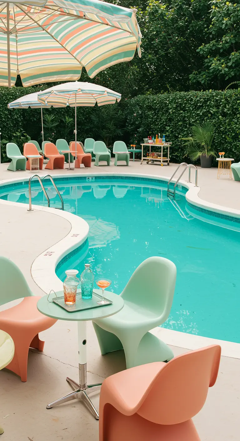 Piscine aux formes libres avec mobilier rétro pastel (rose, vert menthe) et parasol rayé.