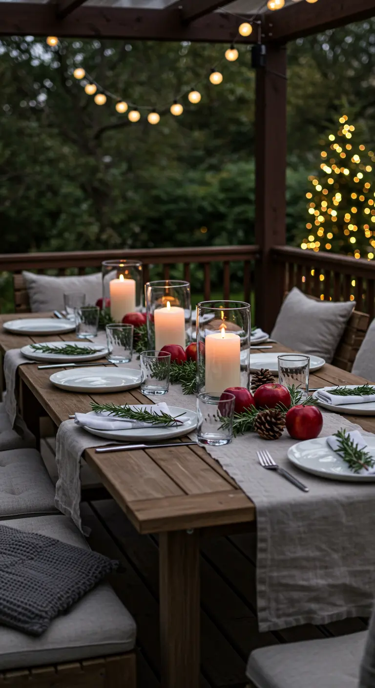 Table en bois sur une terrasse avec bougies en photophores, pommes rouges, branches de romarin et guirlandes lumineuses.
