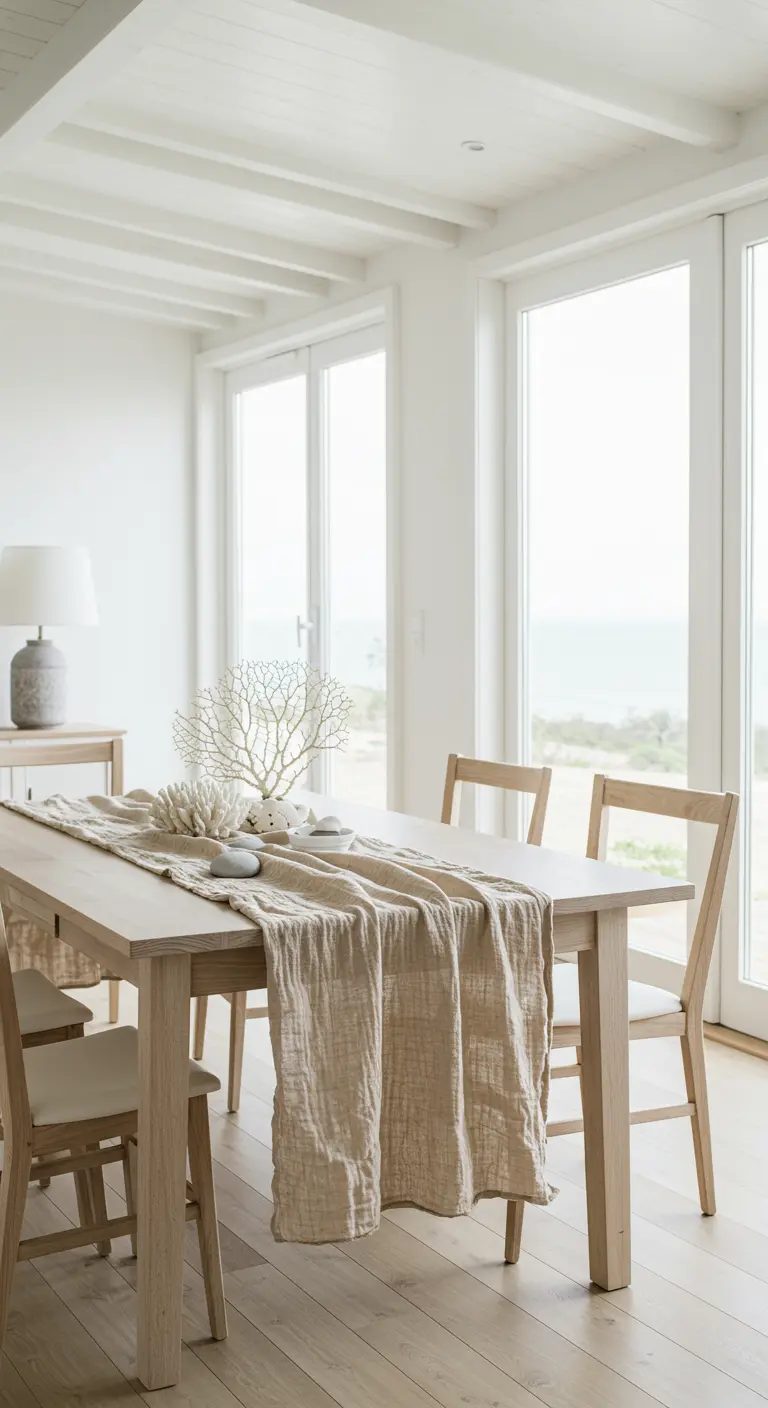 Chemin de table en lin froissé couleur sable avec un corail décoratif et des galets.