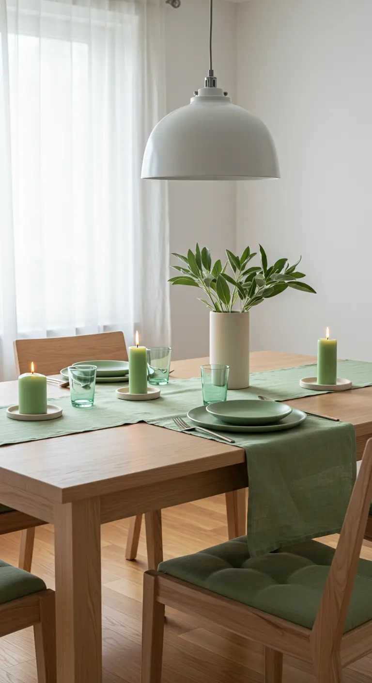 Table en bois clair, chemin de table vert sauge, vaisselle assortie, branche de sauge.