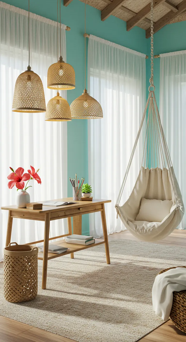 Bureau avec murs aqua, table en bois clair, suspensions en bambou et fauteuil suspendu.