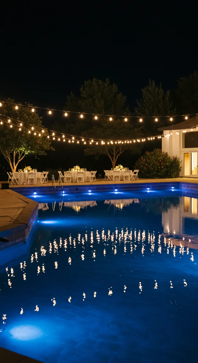 Scène de soirée au bord d'une piscine illuminée avec des guirlandes lumineuses.