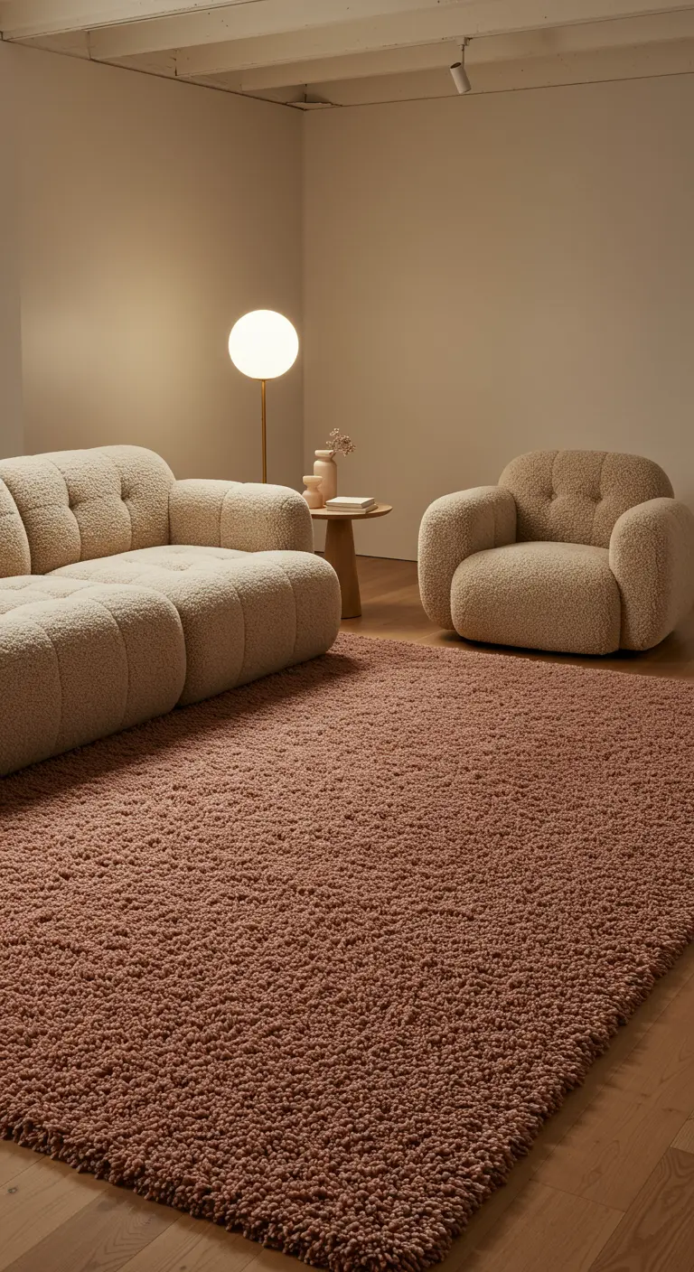 Canapé et fauteuil en bouclé crème sur un tapis shaggy rose poudré.