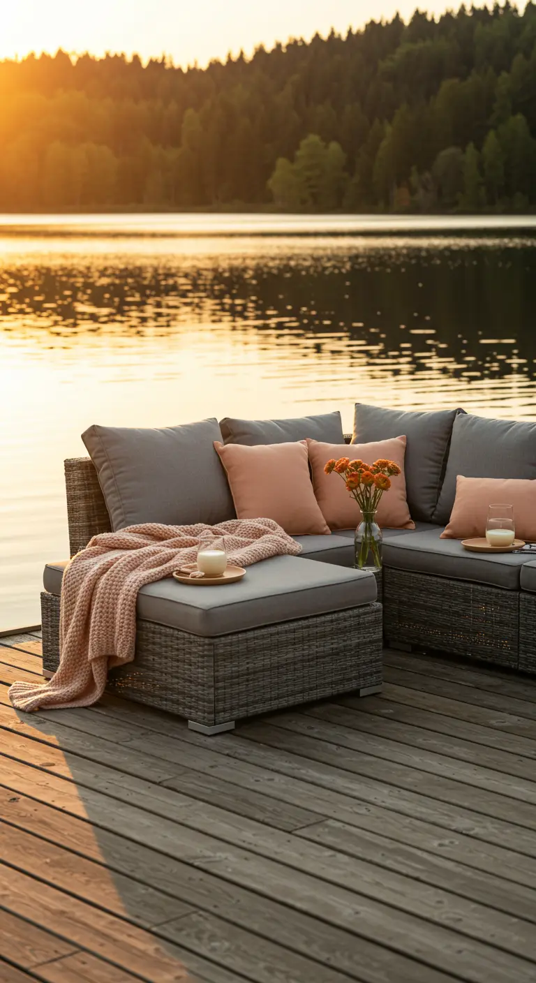 Salon d'angle en rotin gris sur un ponton, avec des coussins rose poudré et un plaid assorti.