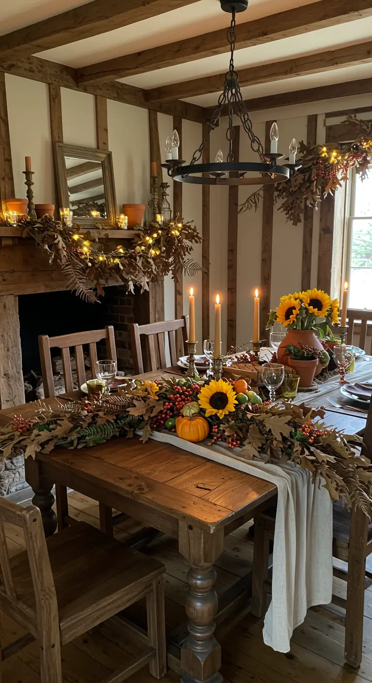 Décoration automnale avec guirlandes de feuilles, baies et lumières sur une cheminée et une table en bois.