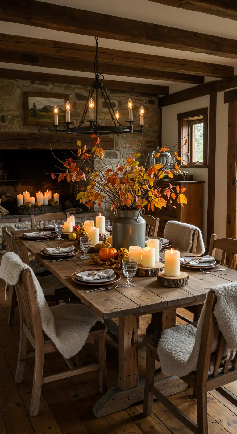 Table en bois rustique décorée de feuilles d'automne, citrouilles et bougies piliers, avec des plaids moelleux.