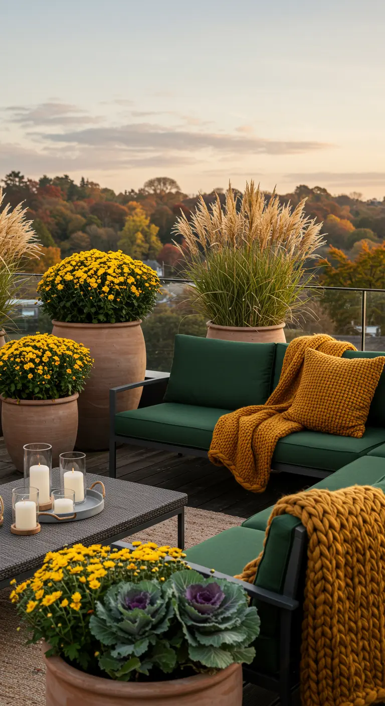 Terrasse décorée pour l'automne avec canapés verts, plaids moutarde, chrysanthèmes jaunes et lanternes.