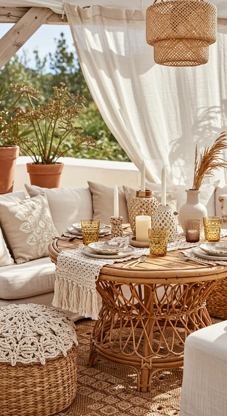 Table basse en rotin tressé, décor bohème naturel, chemin de table macramé.