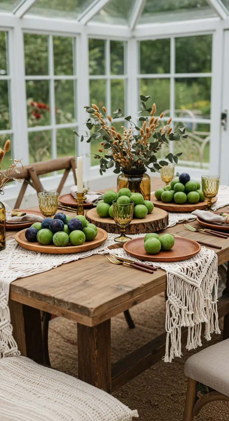 Table en bois avec chemin de table en macramé, bougies et prunes vertes et violettes.