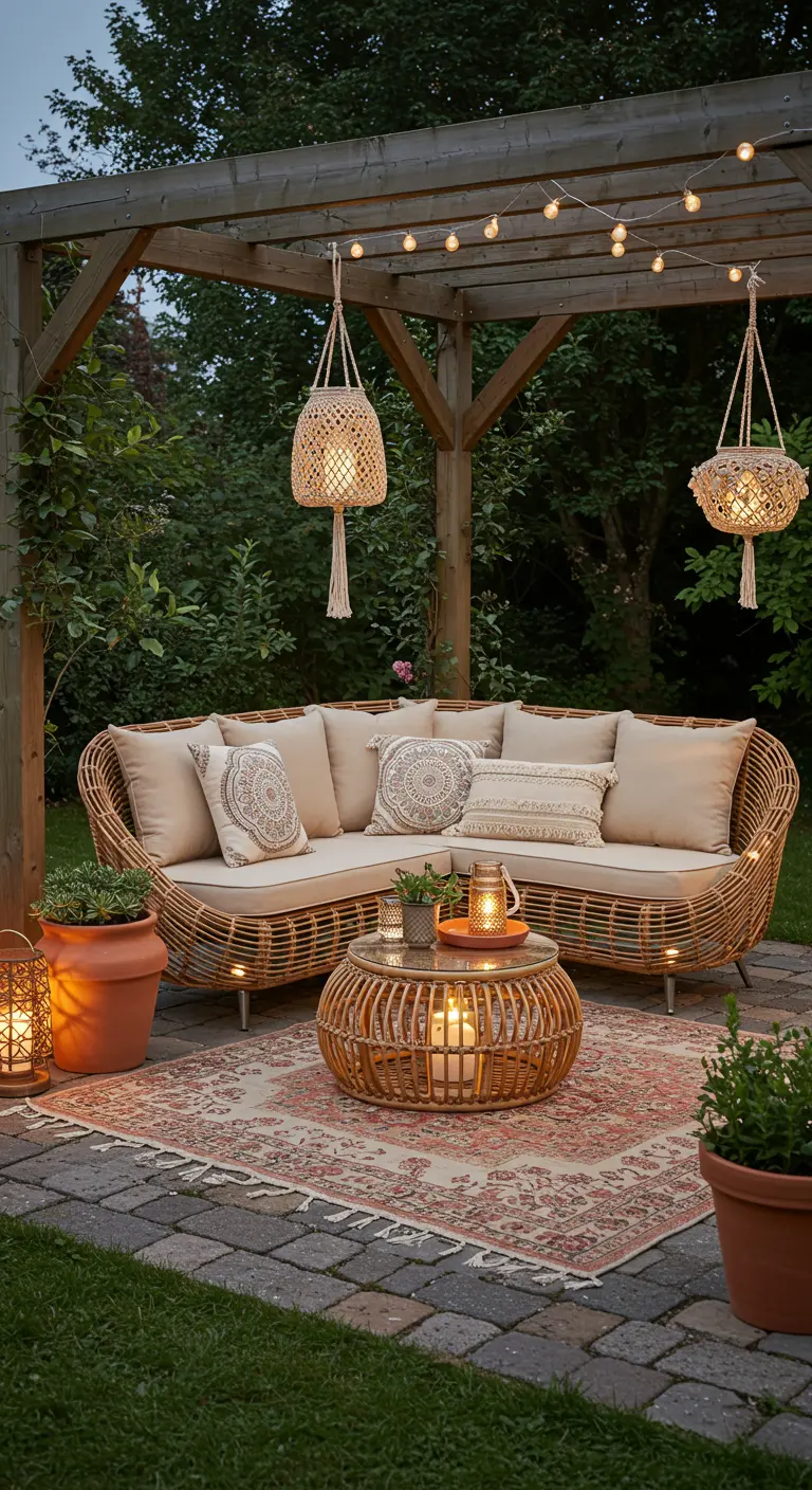 Canapé d'angle en rotin avec LED, coussins beige, tapis bohème et lanternes sous une pergola.