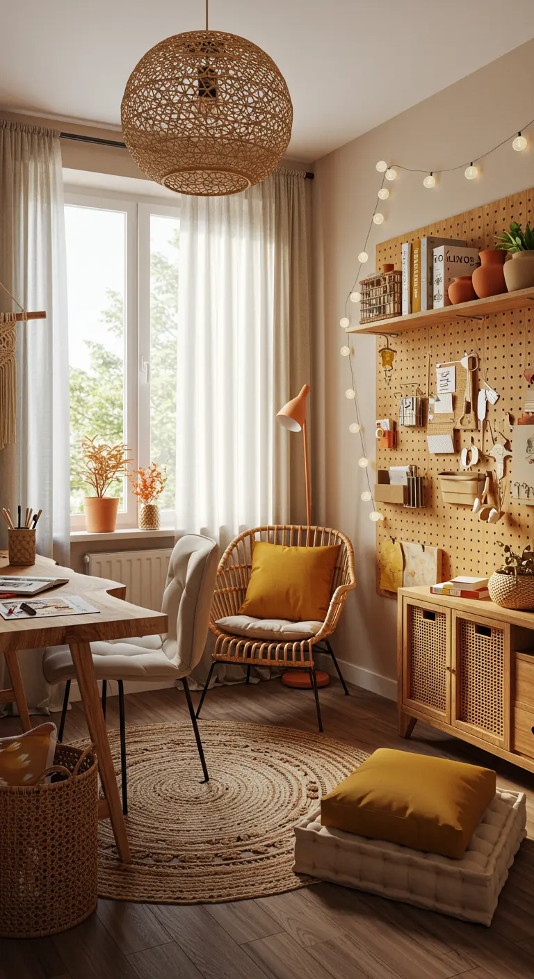 Bureau bohème avec pegboard en bois, fauteuil en rotin et guirlande lumineuse.