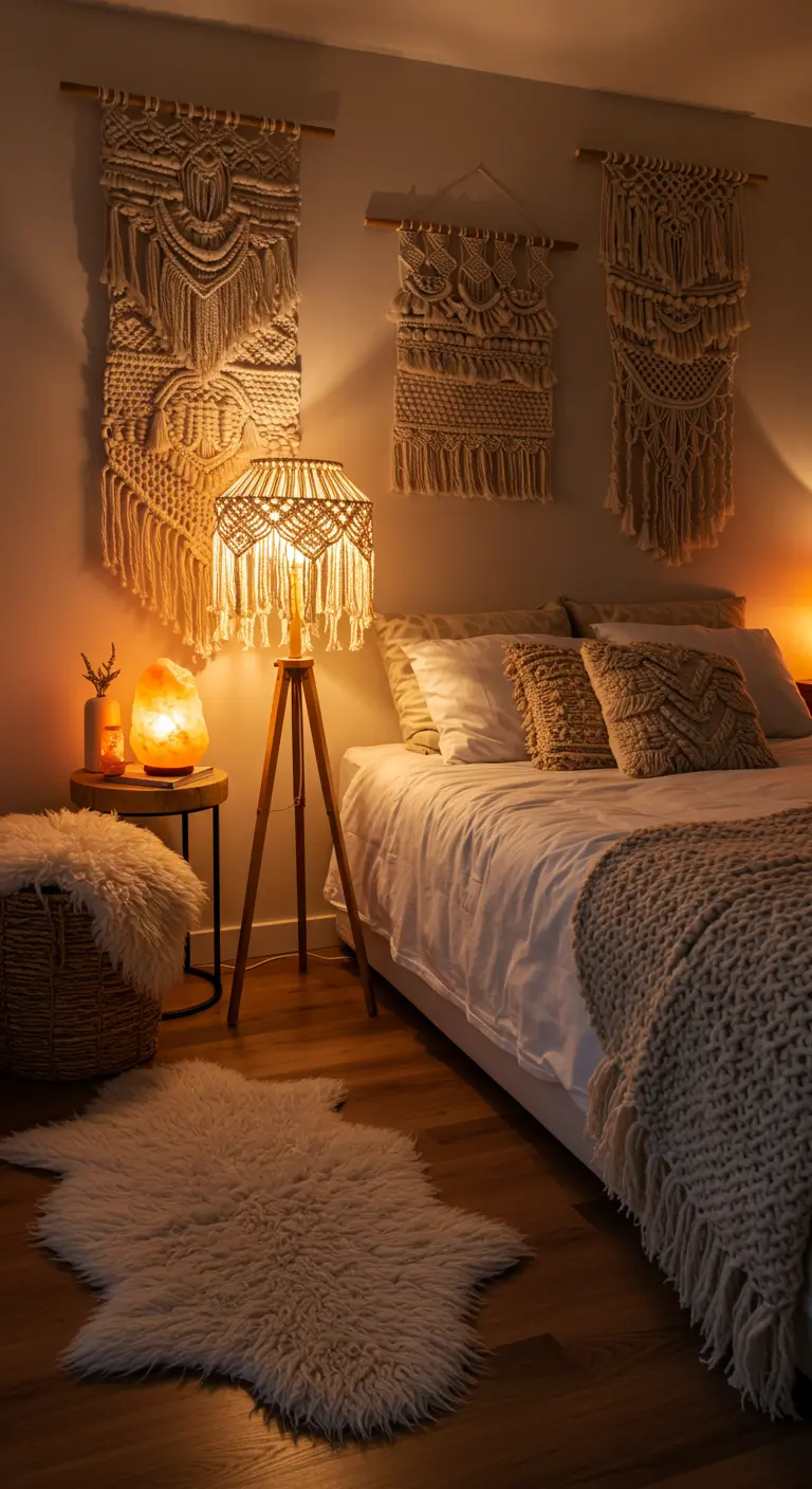 Chambre bohème avec décorations murales en macramé, lampe trépied en macramé et lampe de sel de l'Himalaya.