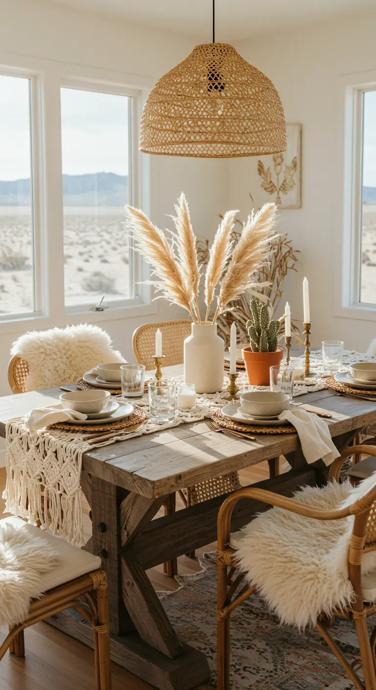 Table bohème chic avec un chemin de table en macramé, herbes de la pampa, cactus et bougies, ambiance lumineuse.