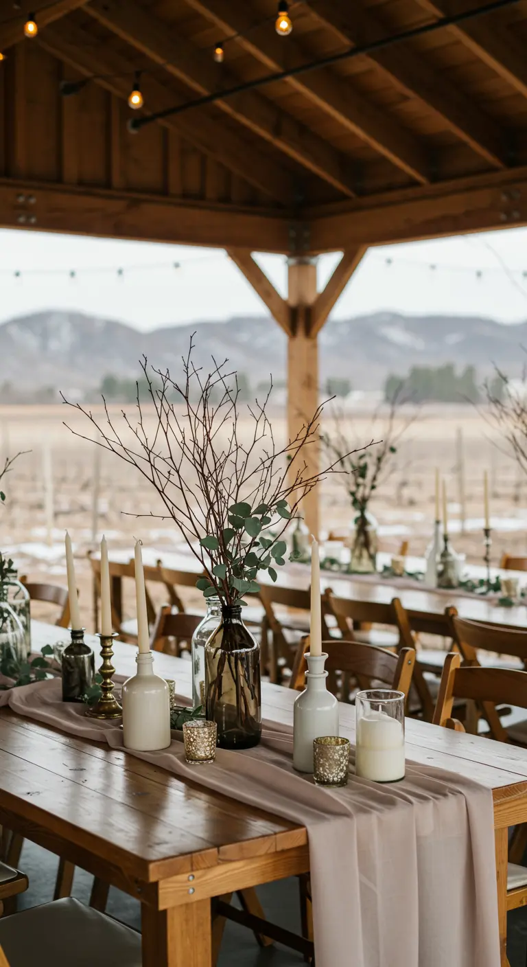 Décoration de table de mariage rustique avec des bouteilles ambrées, des branches et un chemin de table rose.