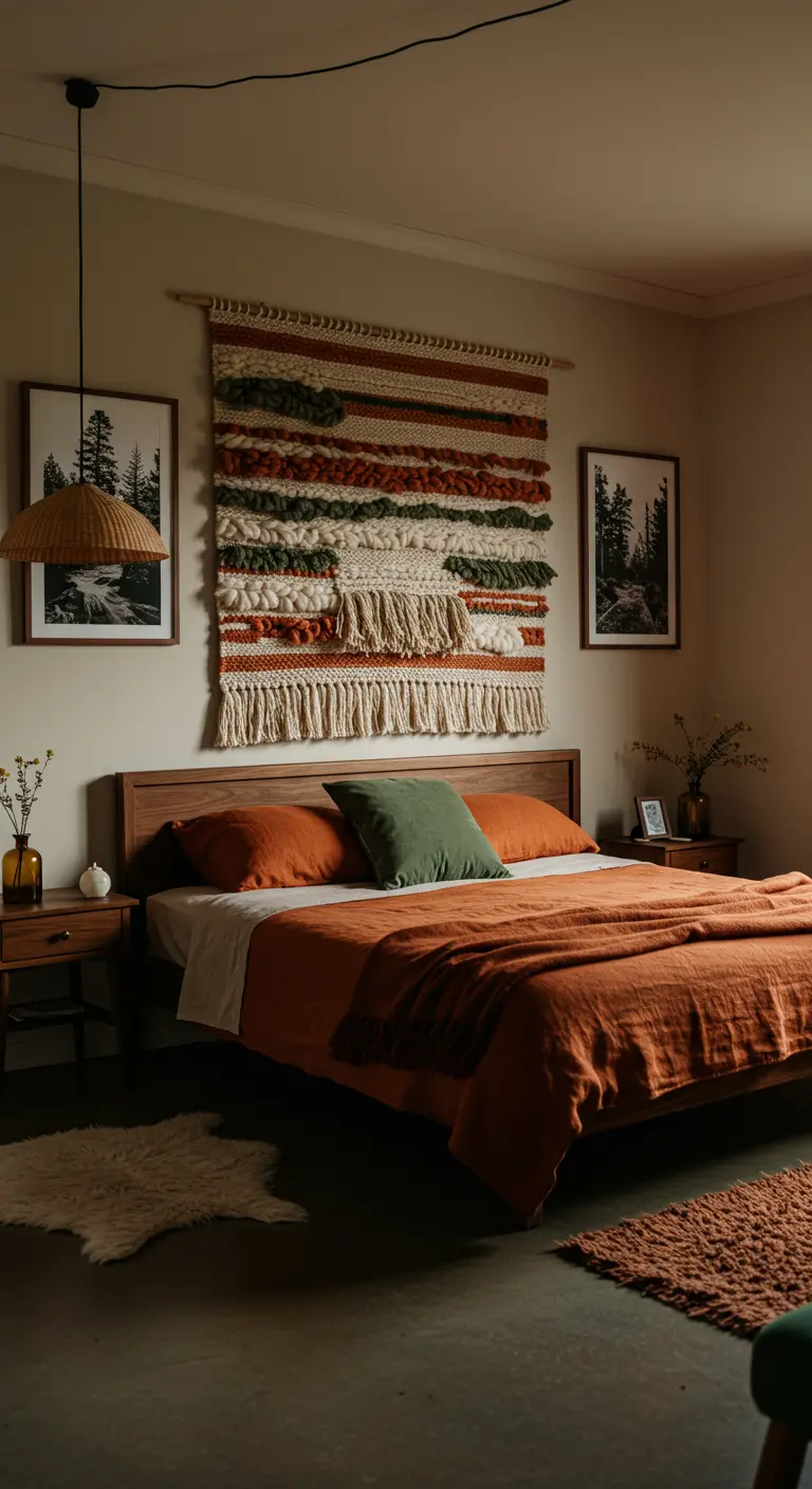 Grande tapisserie texturée aux tons terreux et deux cadres sombres au-dessus d'un lit en bois.