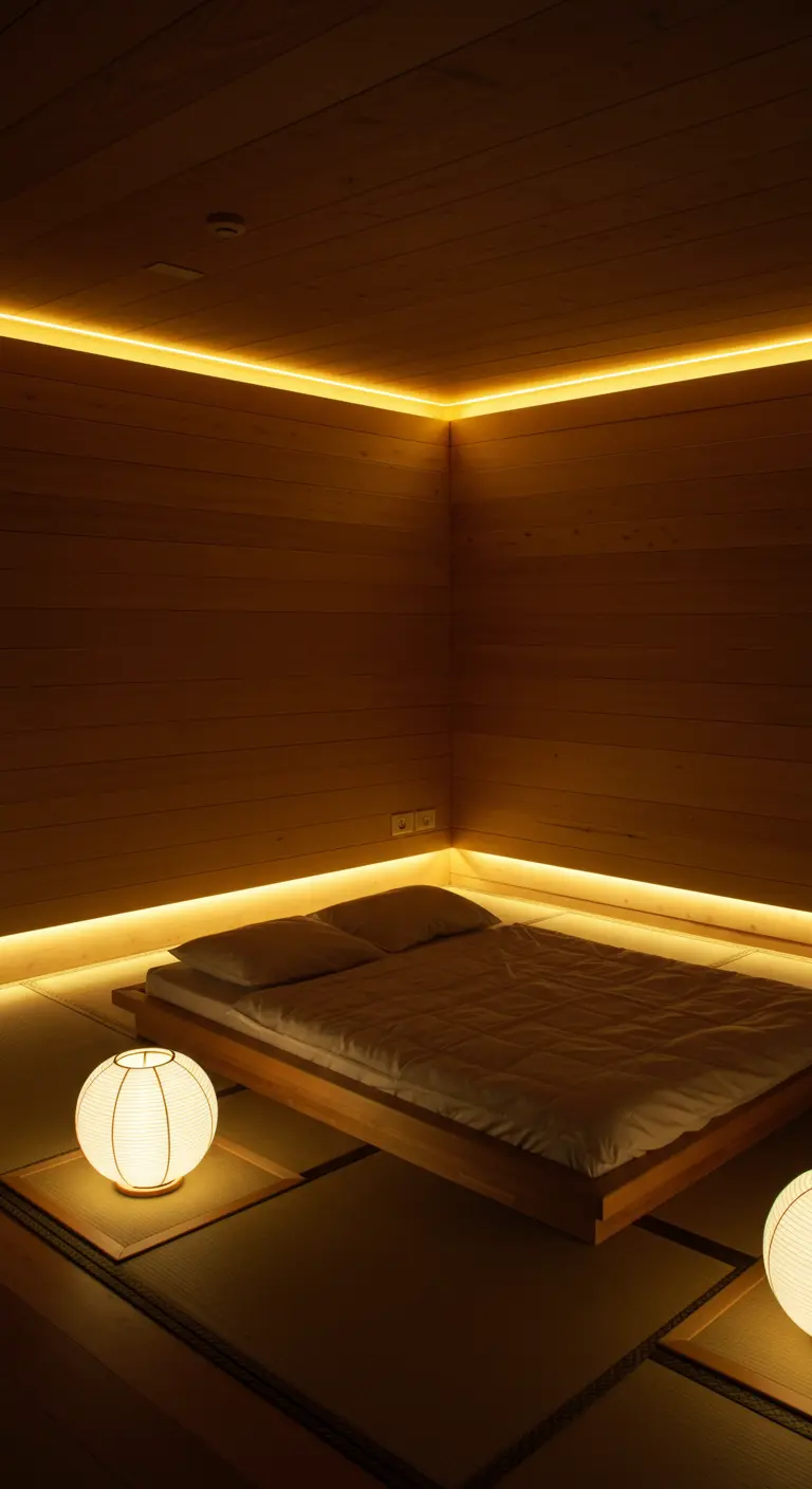 Chambre japonaise avec lit futon sur plateforme en bois, bandeaux LED au plafond et sous le lit, lanternes au sol.