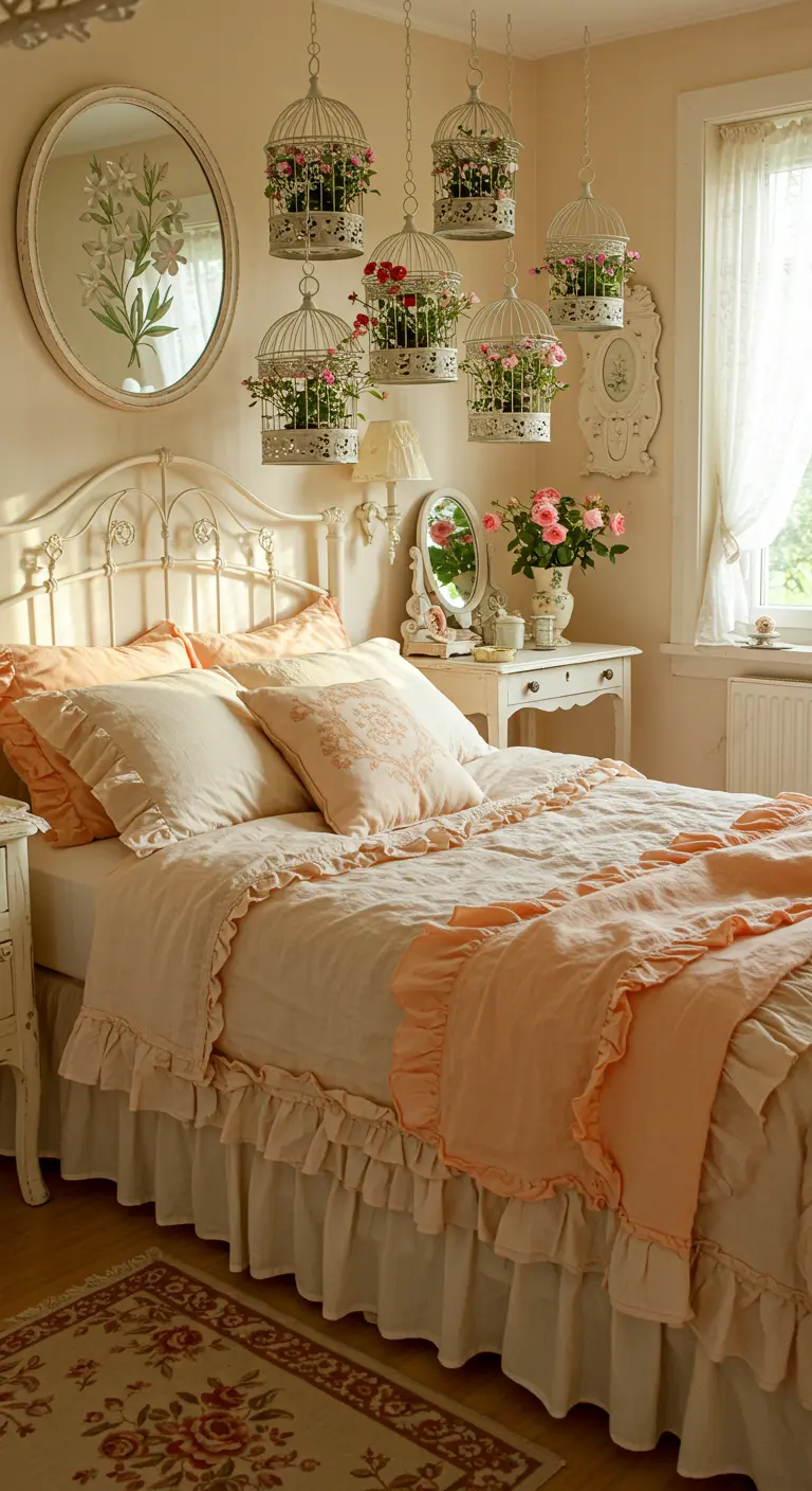 Chambre romantique avec literie à volants pêche, miroir ovale et cages à oiseaux fleuries suspendues.
