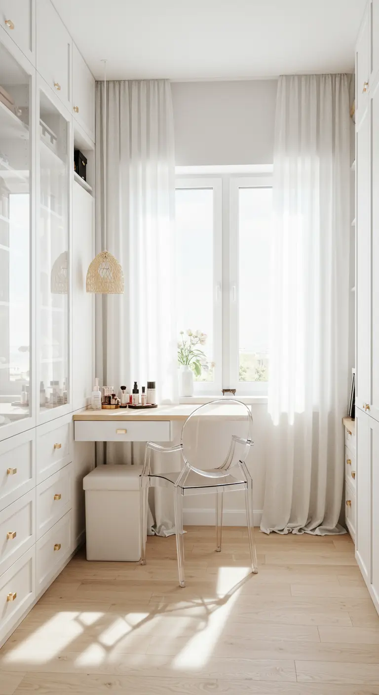 Coiffeuse blanche devant une fenêtre lumineuse, suspension en rotin, chaise transparente.