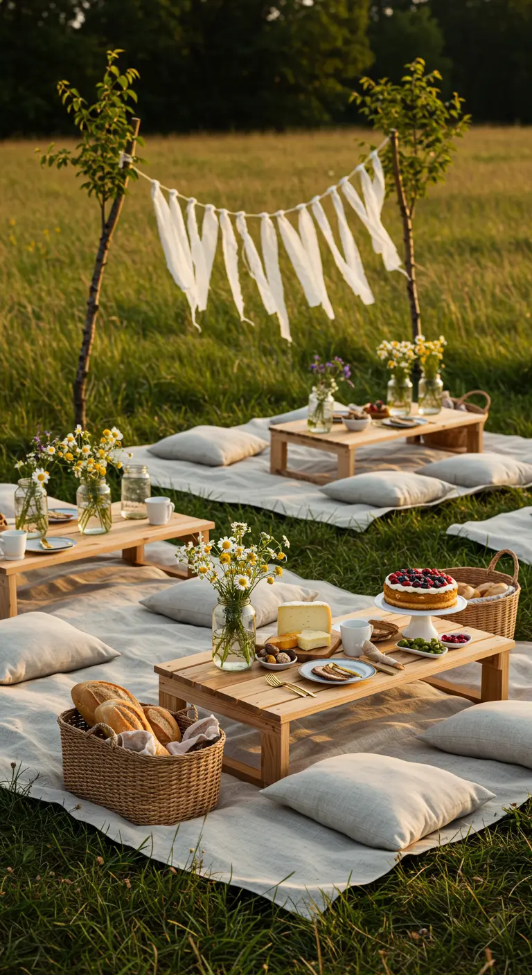 Pique-nique matinal en pleine nature avec tables basses, plaids et guirlande de tissu.