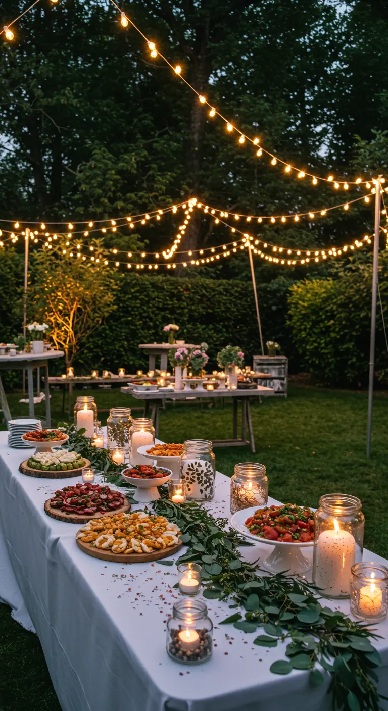 Buffet de jardin avec guirlandes lumineuses, bocaux en verre décorés, chemin de table végétal.