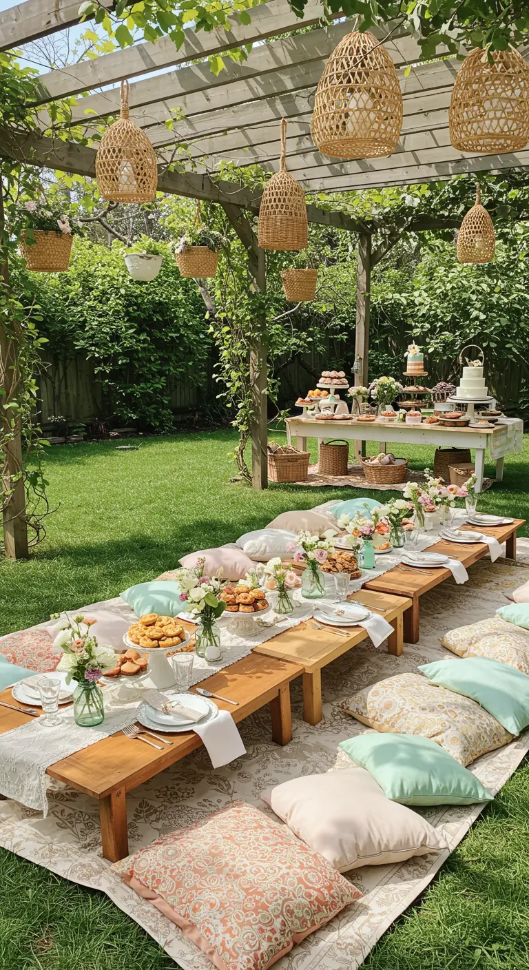 Longue table basse en jardin avec coussins pastel, guirlandes lumineuses et suspensions en osier.