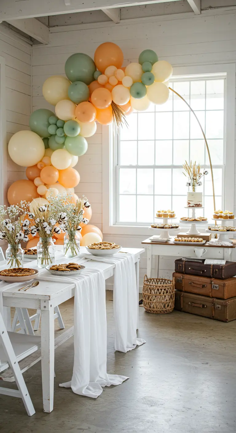 Pièce lumineuse décorée pour un anniversaire champêtre avec arche de ballons pastel et gypsophile.