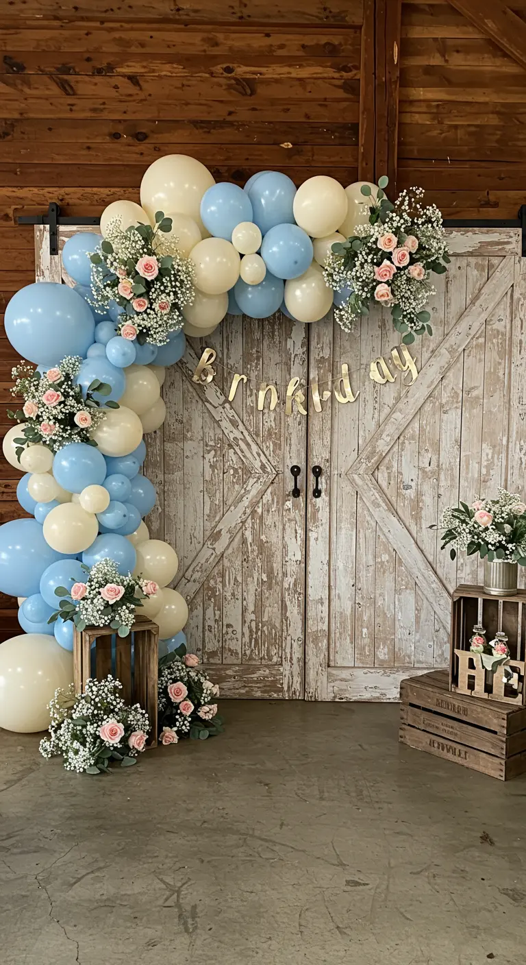 Arche de ballons bleus et blancs avec des fleurs, devant une porte de grange en bois.
