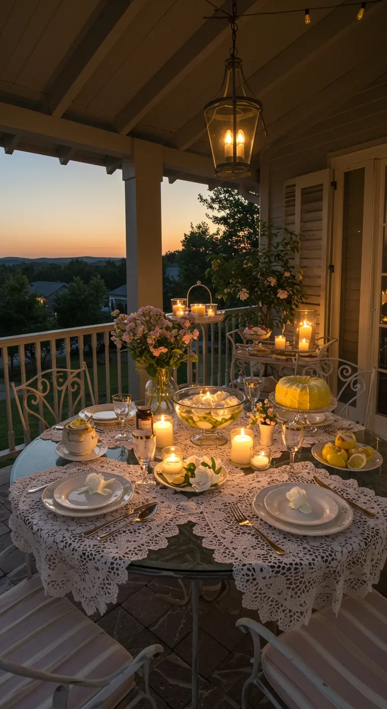 Table ronde décorée de dentelle, nombreuses bougies et citrons, sur une terrasse au coucher du soleil.