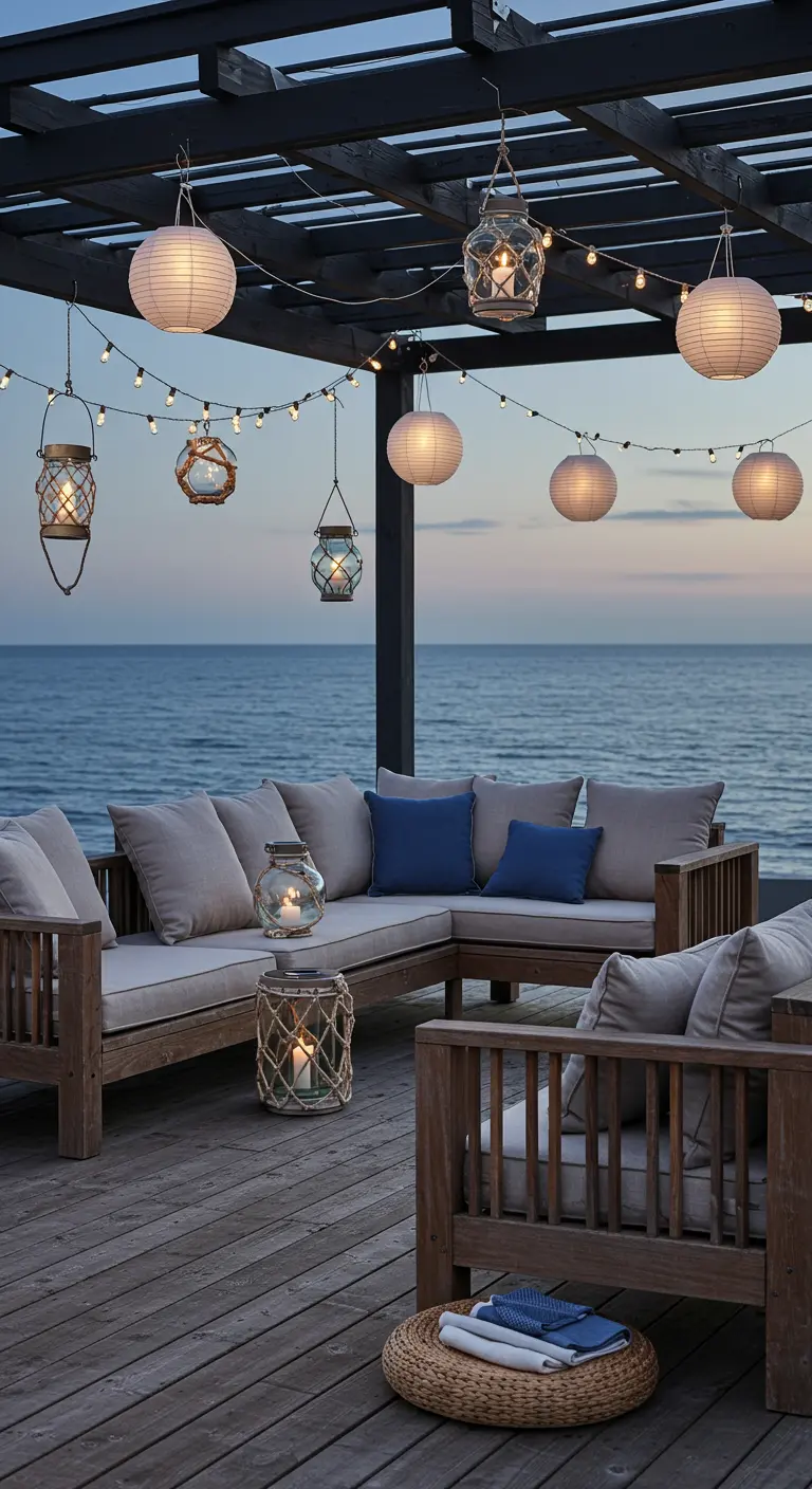 Terrasse en bois avec pergola et diverses suspensions lumineuses, face à la mer au coucher du soleil.