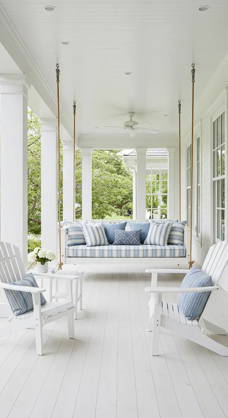 Porche blanc avec une balancelle suspendue et des chaises Adirondack, coussins rayés bleu et blanc.