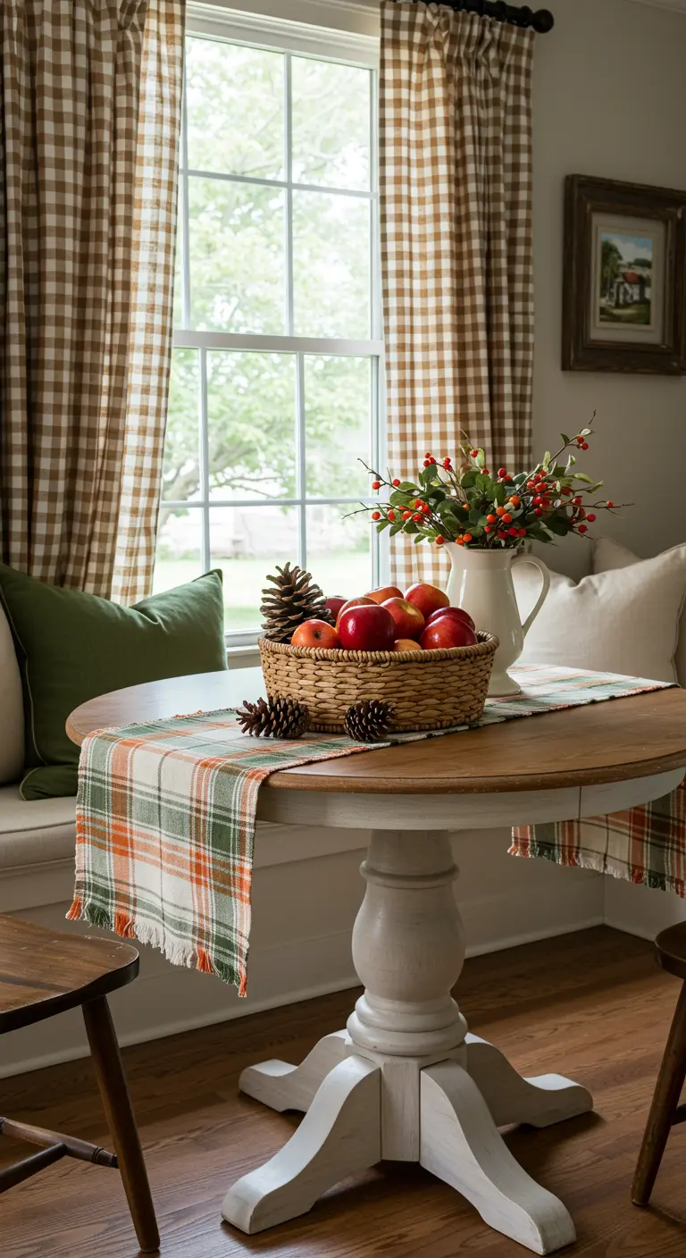 Coin repas cosy avec chemin de table à carreaux et panier de pommes.
