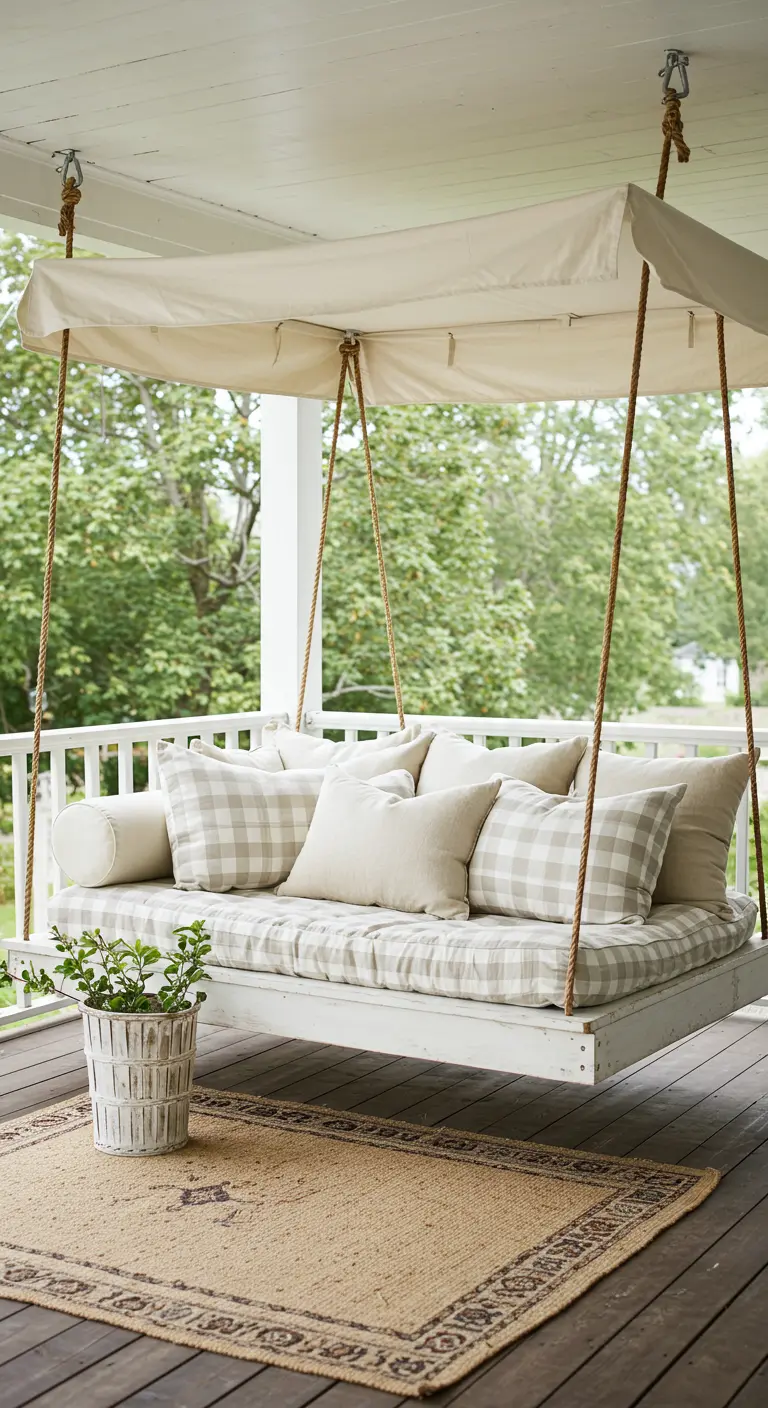 Lit-balançoire de porche blanc avec des coussins à carreaux