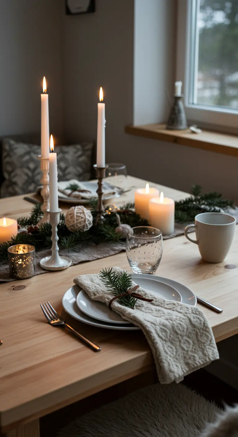 Table scandinave hivernale avec bougies et branches de sapin.