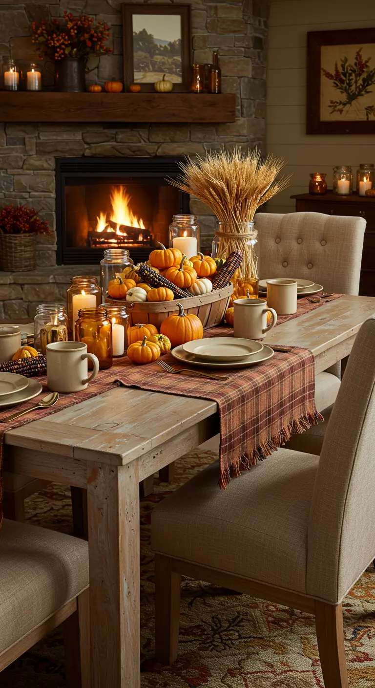 Table de salle à manger d'automne avec un panier de mini-citrouilles, épis de blé et bougies, près d'une cheminée.