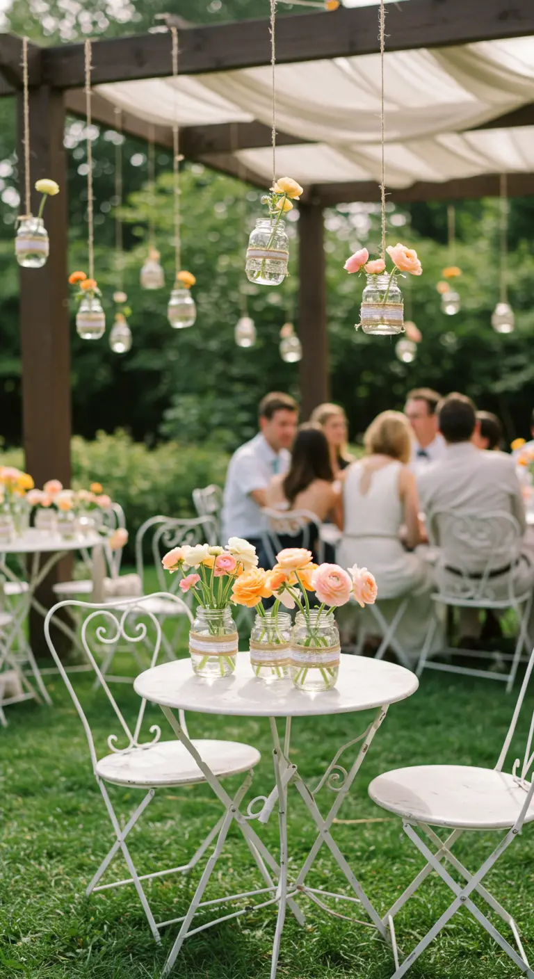 Tables de jardin blanches, bocaux suspendus avec roses individuelles et feuillage.