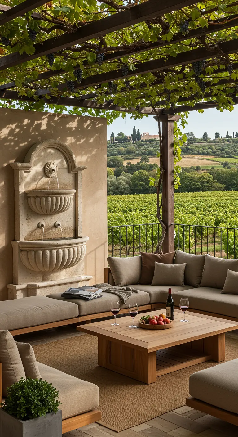 Terrasse de vignoble avec fontaine, canapé sectionnel et pergola couverte de vigne.