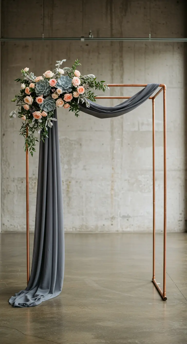 Arche en cuivre avec un long drapé de tissu gris et un bouquet de fleurs.