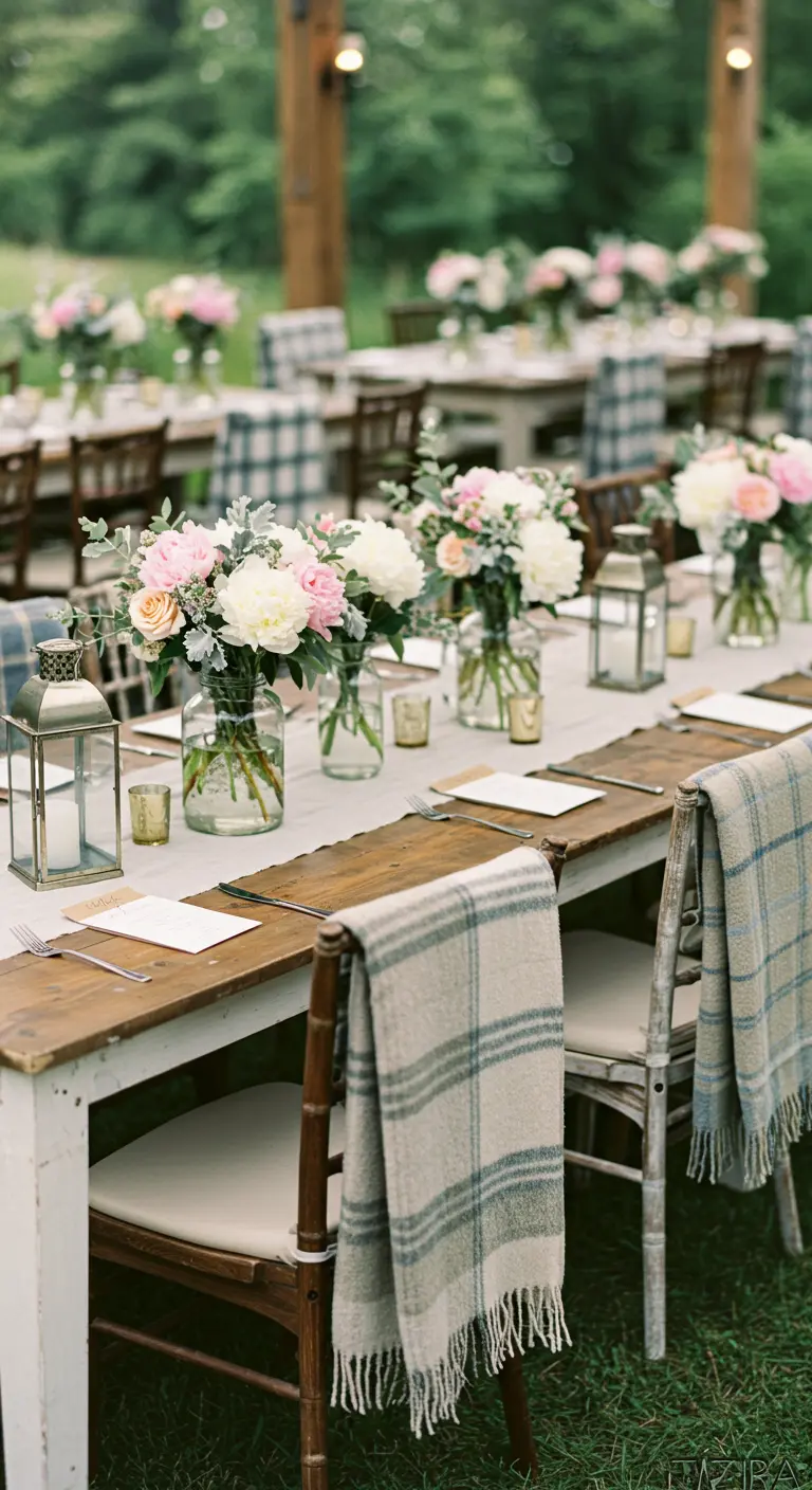 Table de mariage rustique avec plaids à carreaux sur les chaises, lanternes et bouquets de pivoines roses.