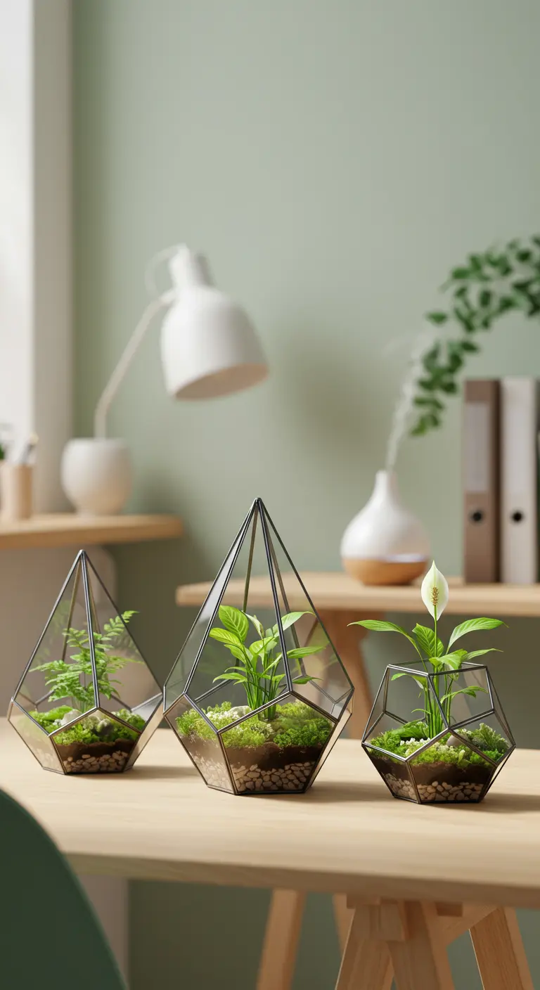 Trois terrariums géométriques noirs avec des plantes vertes et des galets sur un bureau en bois clair.