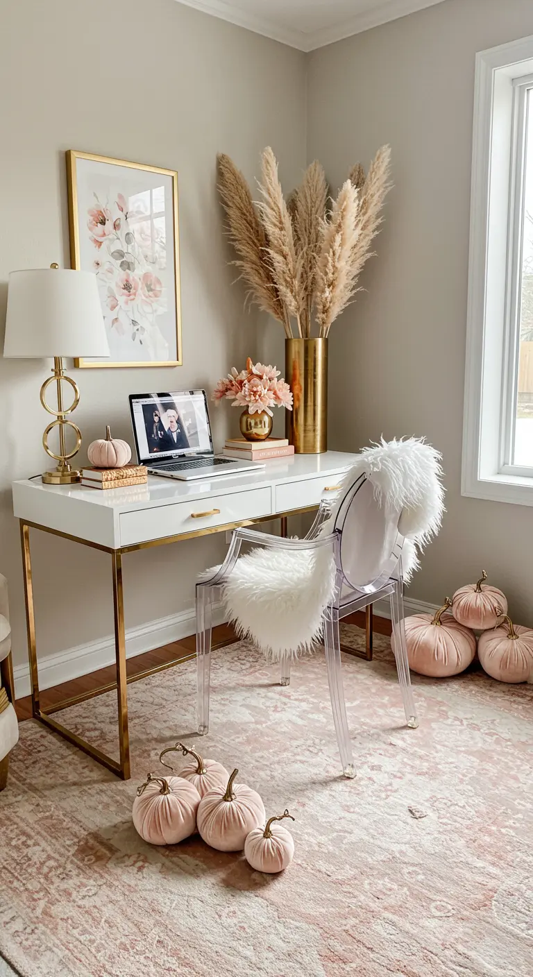 Bureau glamour blanc et or avec des citrouilles en velours rose et une chaise transparente.