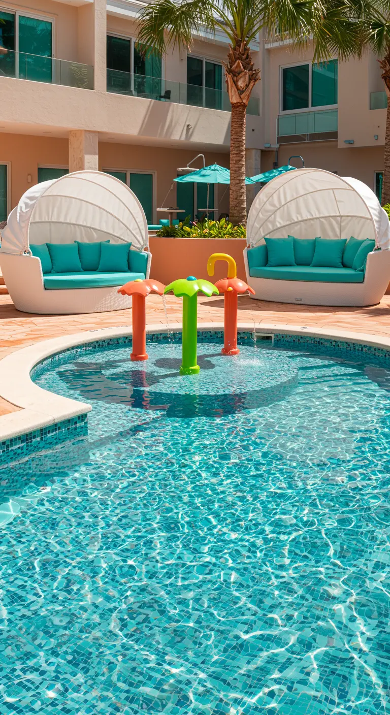 Deux lits de jour ronds à baldaquin avec coussins turquoise près d'une piscine avec des jeux d'eau colorés.