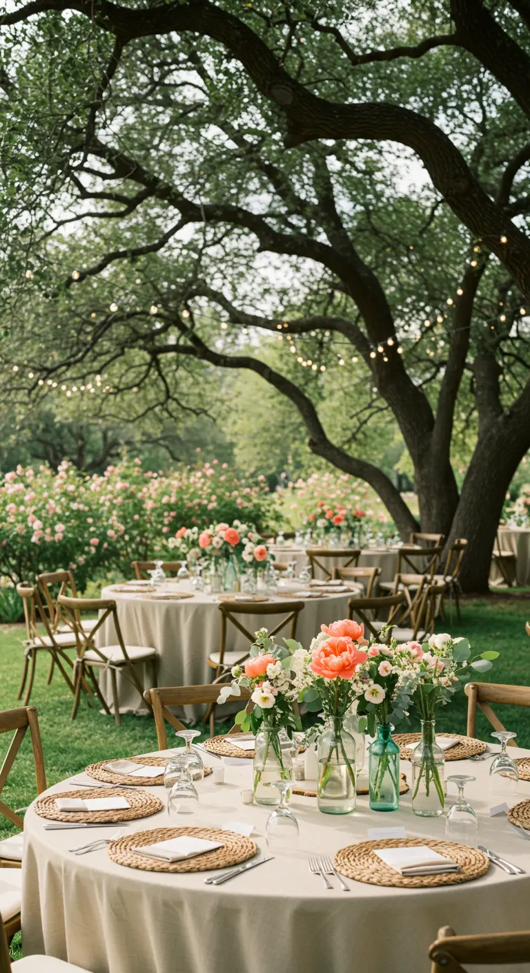 Tables de mariage rondes sous un grand arbre, pivoines corail dans des vases bouteilles, sets de table en raphia.