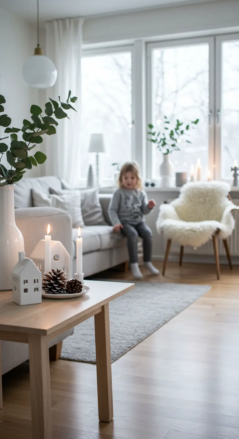 Table basse minimaliste avec maisons en céramique, pommes de pin et bougies blanches, ambiance hivernale.