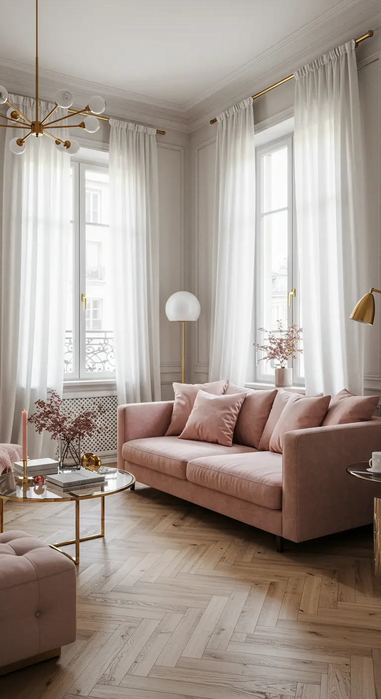 Salon lumineux avec des murs clairs, un parquet en chevrons et un canapé en velours rose poudré.