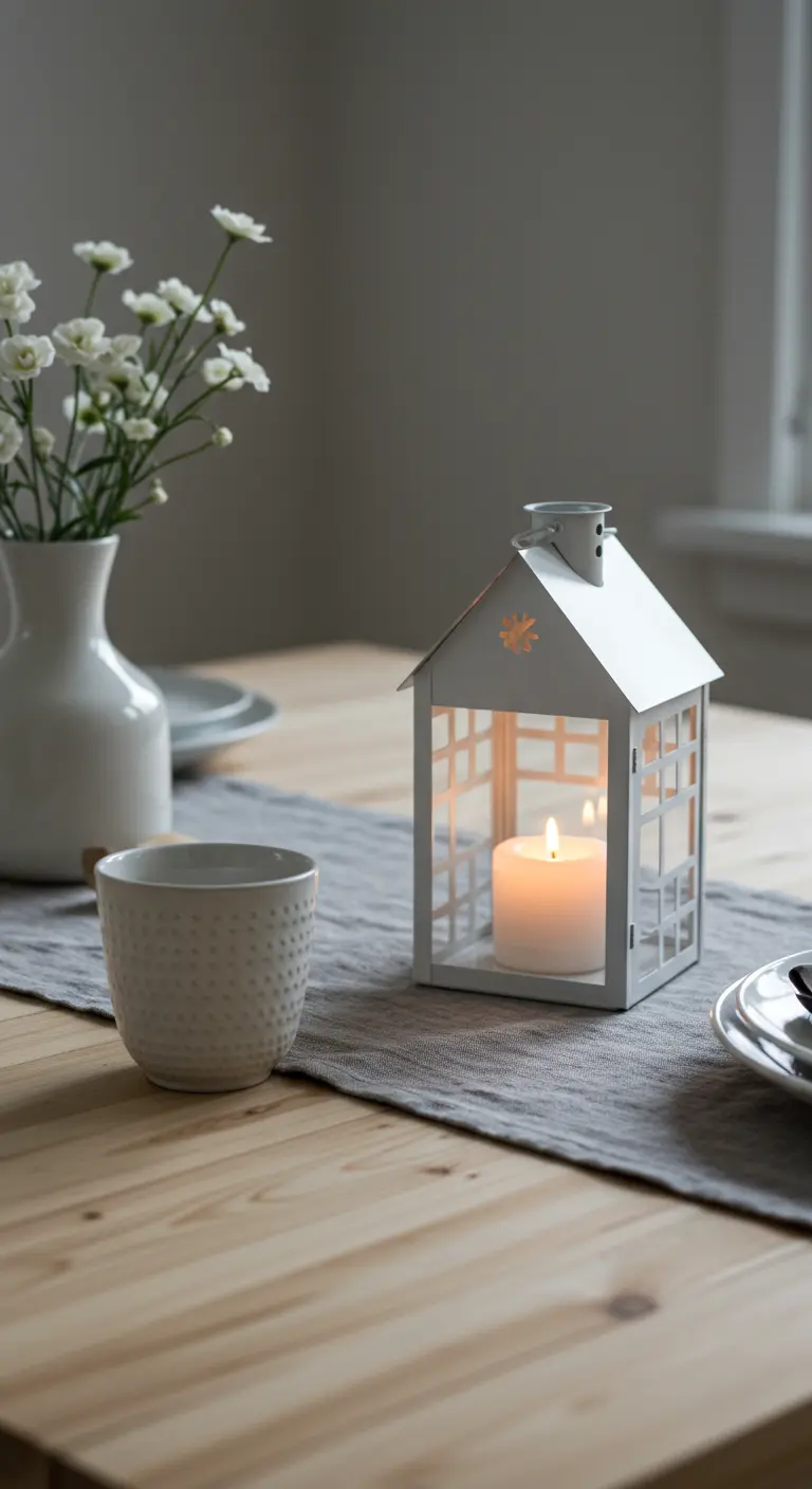 Petite lanterne blanche en forme de maison sur un chemin de table gris.