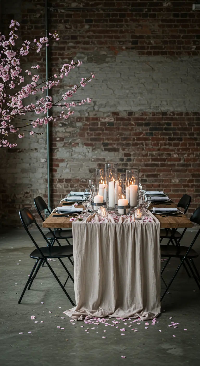 Table de dîner de style industriel avec un mur de briques et des branches de cerisier en fleurs.