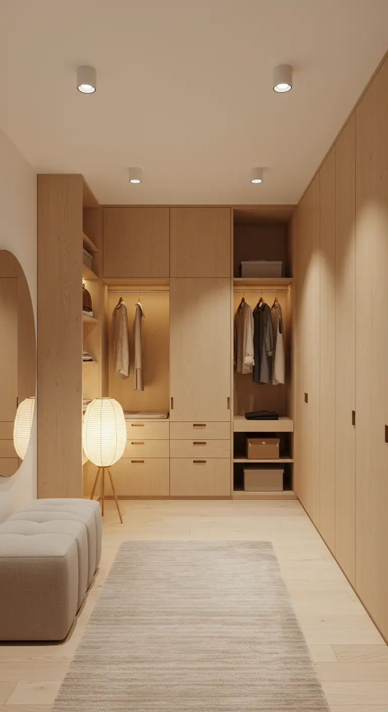 Dressing en bois clair avec un lampadaire en papier de riz.