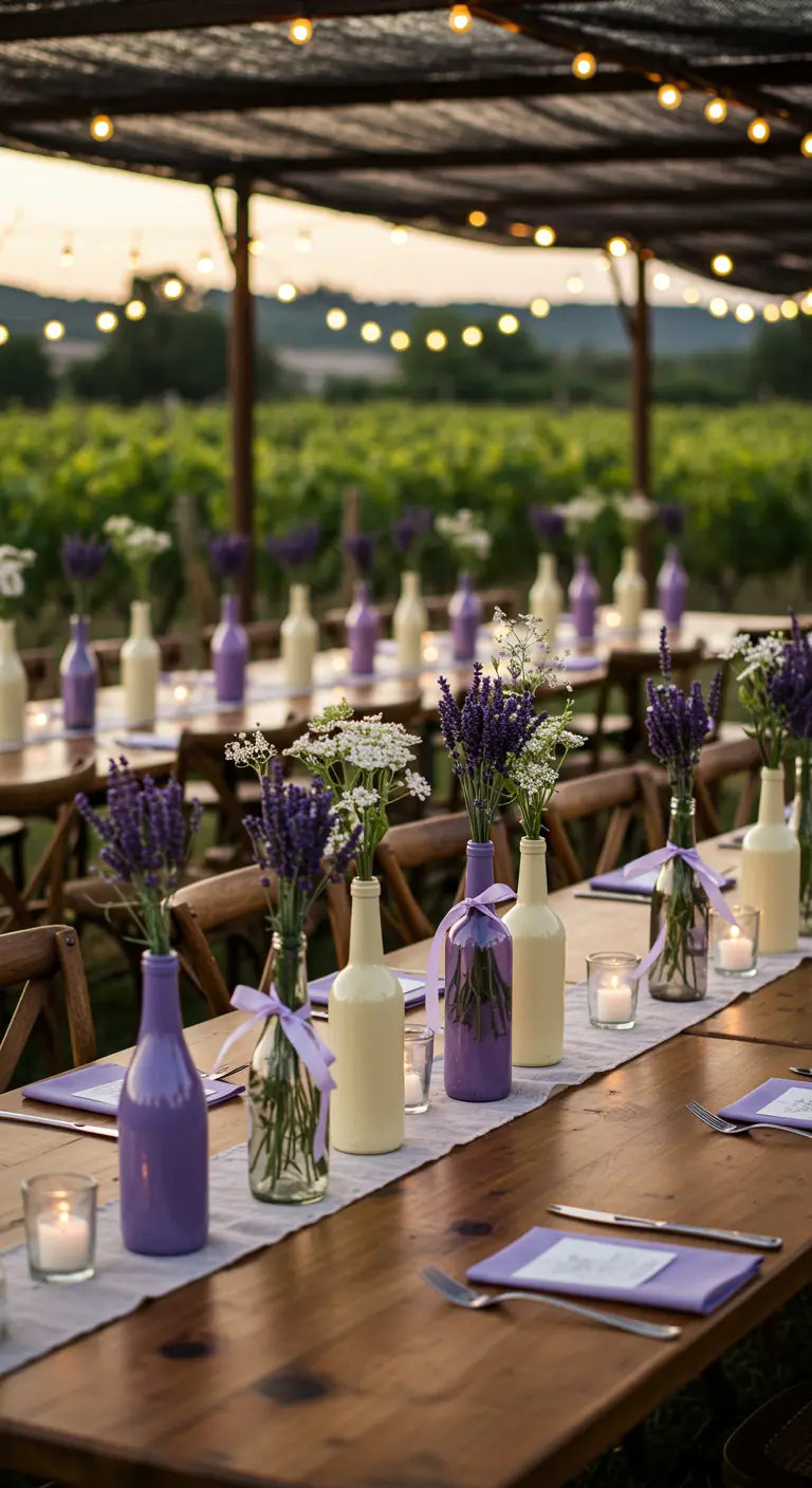 Tables de banquet en plein air avec des bouteilles peintes en violet et crème, garnies de lavande.